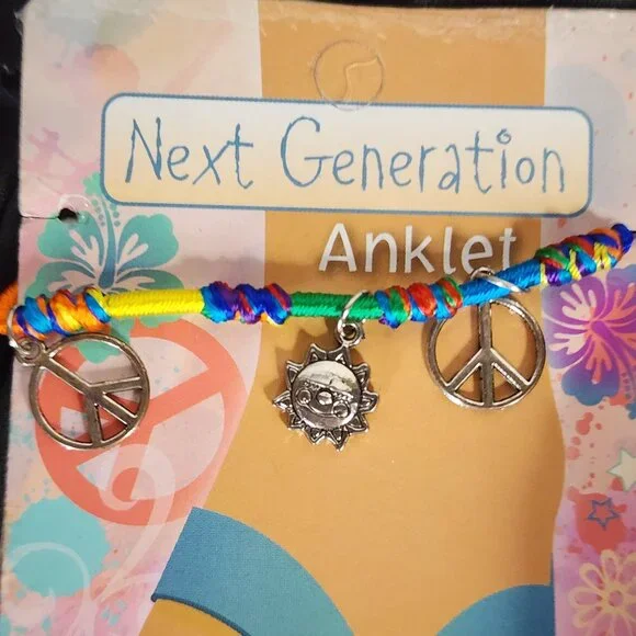 Novelty Inc Next Generation Silver Tone Peace Sun Symbols on Yarn Ankle Bracelet - Picture 2 of 16